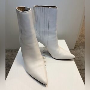 Veronica Beard Lisa White Pointed-Toe Leather Ankle Booties
